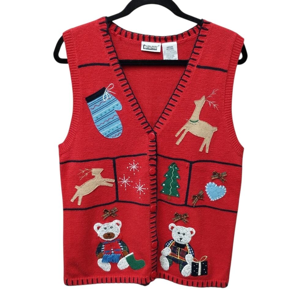 Vintage Capacity Novelty Ugly Christmas Sweater Vest Medium Bears Reindeer Bows